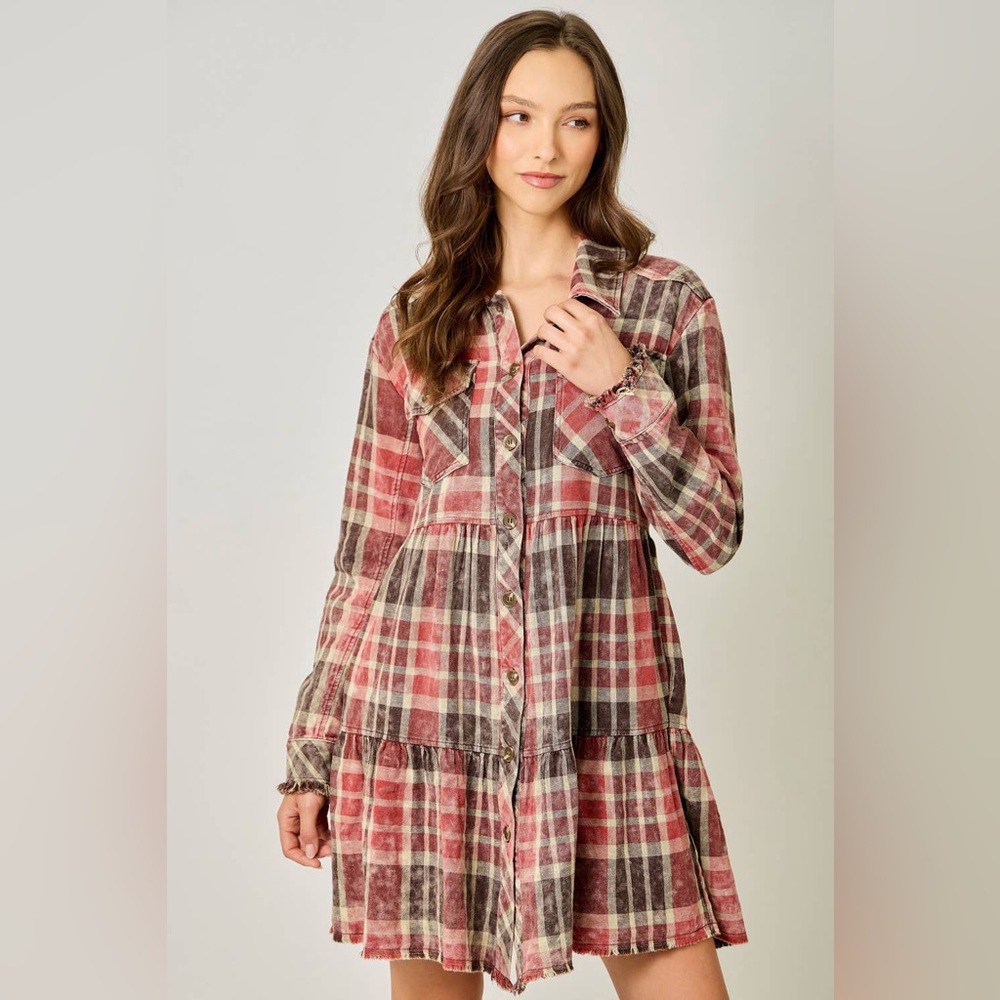 Acid Wash Plaid Button-Up Coat Dress